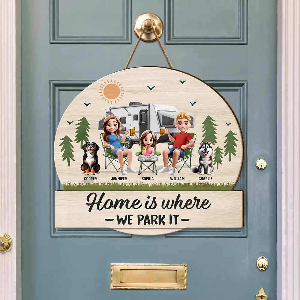 Summer,Outdoor Decor,Camping,Family,Playful,Vector - Home Is Where We Park It - Personalized Custom Shaped Wood Sign