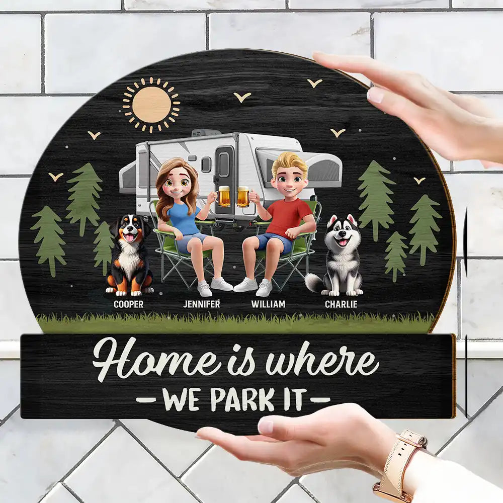 Summer,Outdoor Decor,Camping,Family,Playful,Vector - Home Is Where We Park It - Personalized Custom Shaped Wood Sign