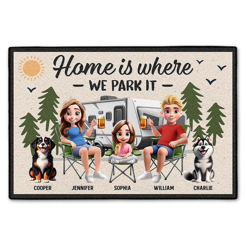 Family, Camping, Campsite, Happy - Home Is Where We Park It - Personalized Doormat