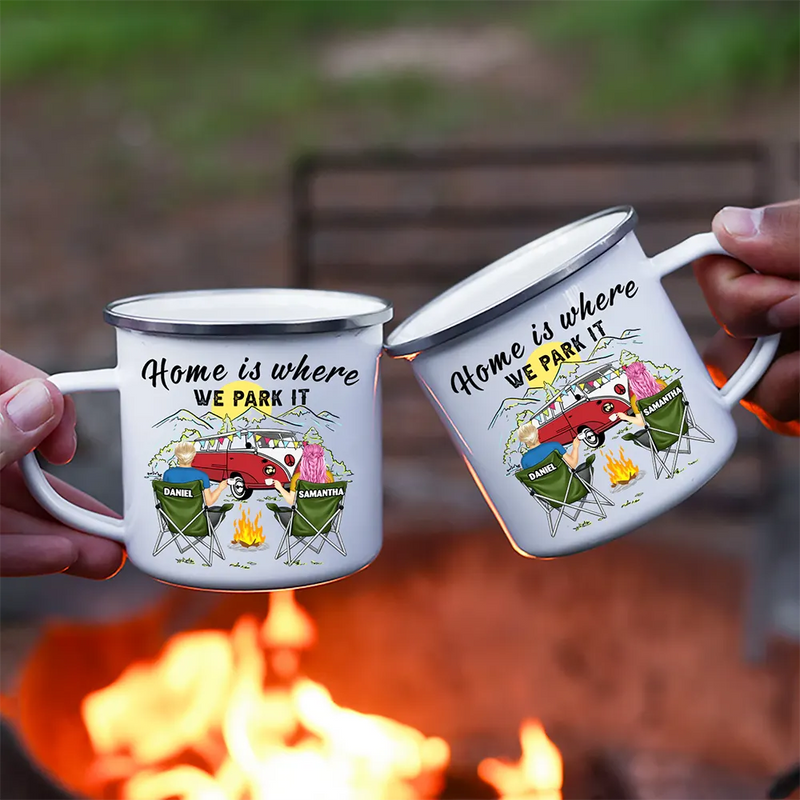 Camping,Campsite,Happy,Gift For Couples,Gift For Husband,Gift For Wife,Gift For Boyfriend,Gift For Girlfriend - Home Is Where We Park It - Personalized Enamel Mug
