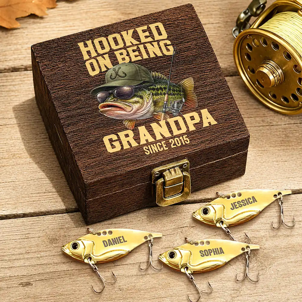 Fishing,Gift For Grandpa,Humorous,Icon - Hooked On Being Grandpa - Personalized Metal Fish Lure Set