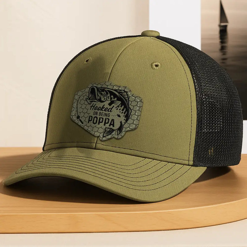 Fishing,Dad's Hobby,Gift For Grandpa - Hooked On Being Grandpa Dad Fishing - Personalized Leather Patch Hat