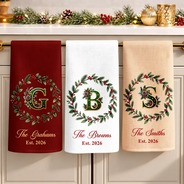Christmas,Cozy,Gift For Couples,Married Couple,New House,Vector - Housewarming Gift For Married Couples Friend Family - Personalized Christmas Wreath With Initial Kitchen Towel