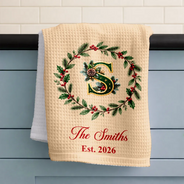 Christmas,Cozy,Gift For Couples,Married Couple,New House,Vector - Housewarming Gift For Married Couples Friend Family - Personalized Christmas Wreath With Initial Kitchen Towel