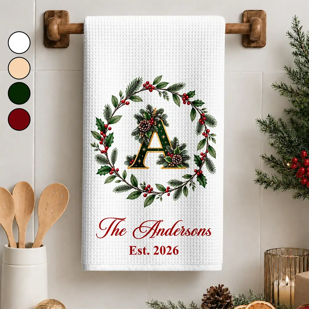 Christmas,Cozy,Gift For Couples,Married Couple,New House,Vector - Housewarming Gift For Married Couples Friend Family - Personalized Christmas Wreath With Initial Kitchen Towel