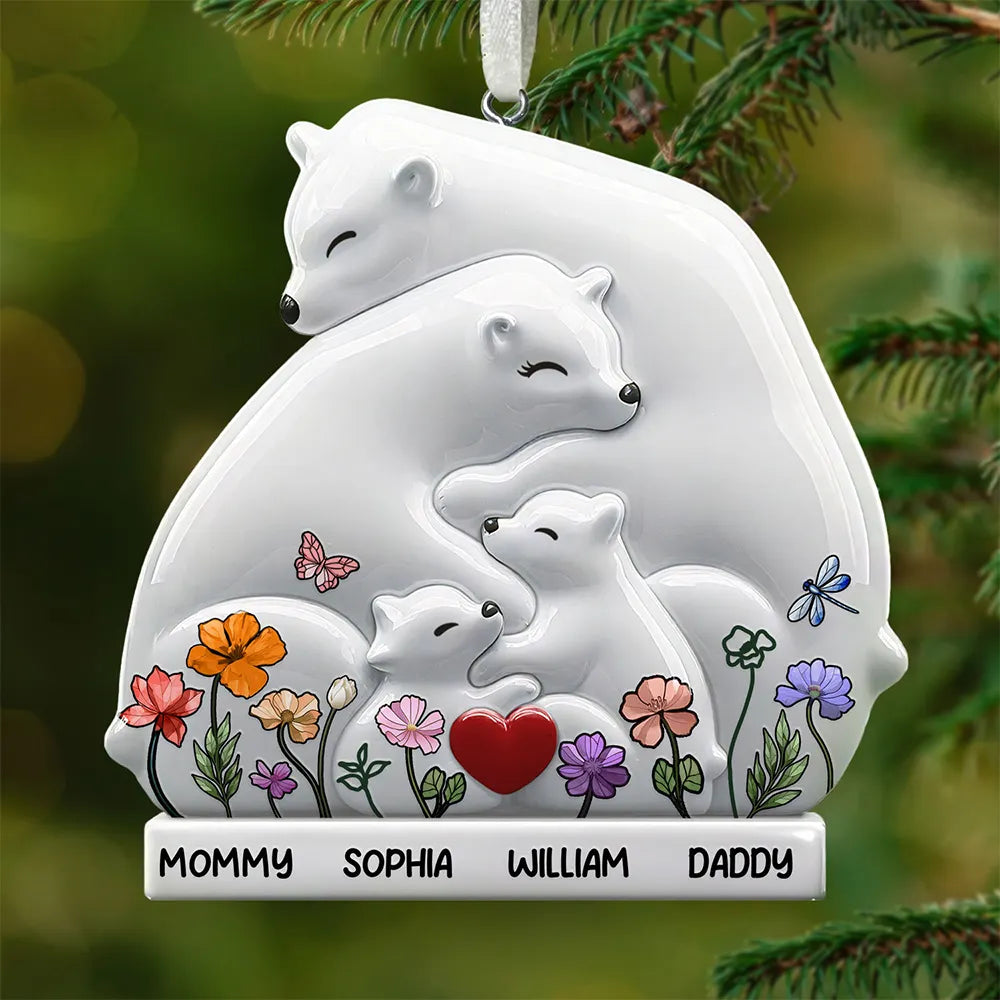Hugging Bear Family Flower Painting Art - Personalized Embossed Ceramic Ornament