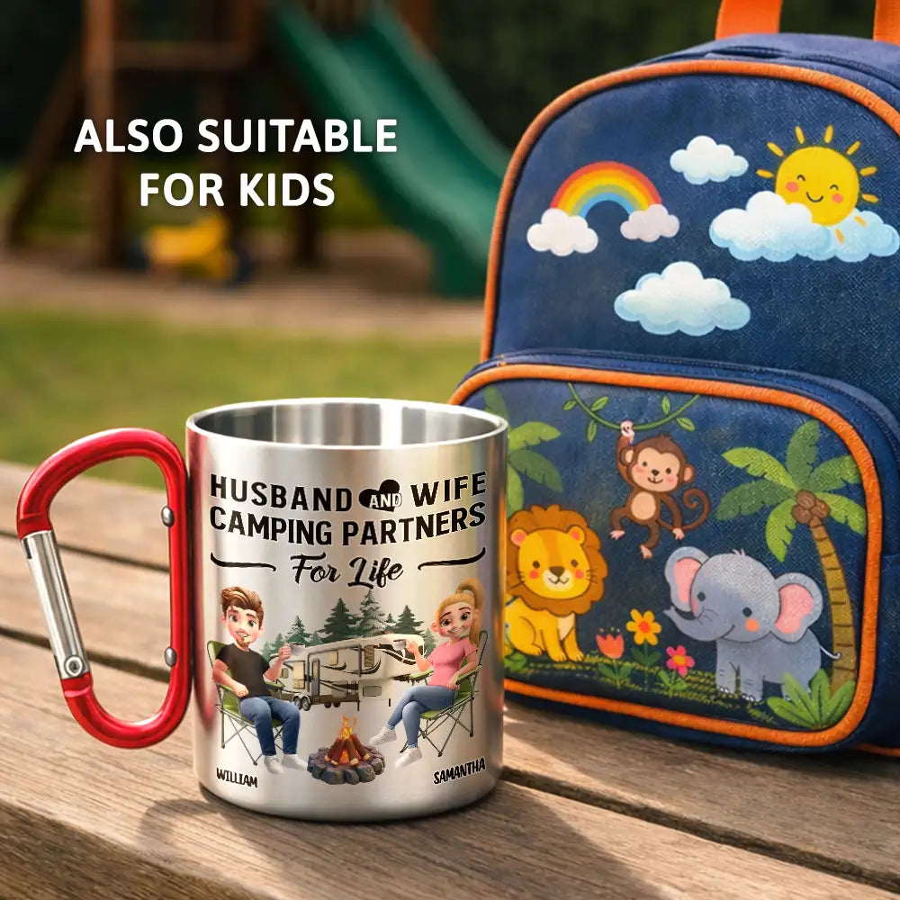 Camping,Campsite,Happy,Gift For Couples,Gift For Husband,Gift For Boyfriend,Gift For Wife,Gift For Girlfriend - Husband & Wife Camping Partners For Life - Personalized Carabiner Mug