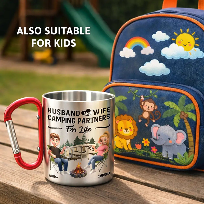 Camping,Campsite,Happy,Gift For Couples,Gift For Husband,Gift For Boyfriend,Gift For Wife,Gift For Girlfriend - Husband & Wife Camping Partners For Life - Personalized Carabiner Mug