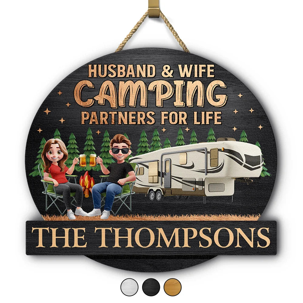 Camping,Campsite,Couple's Hobby,Happy,Gift For Couples,Gift For Husband,Gift For Wife - Husband & Wife Camping Partners For Life Couple - Personalized Custom Shaped Wood Sign
