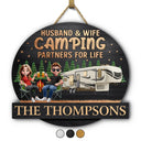 Camping,Campsite,Couple's Hobby,Happy,Gift For Couples,Gift For Husband,Gift For Wife - Husband & Wife Camping Partners For Life Couple - Personalized Custom Shaped Wood Sign
