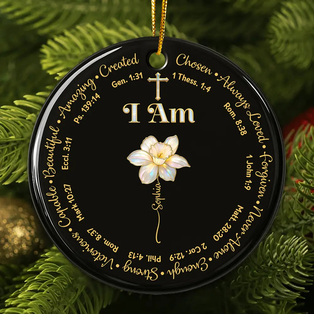 Christmas, Christian, Gift For Yourself - I Am Always Loved Birth Month Flower Nacre Effect - Personalized Circle Ceramic Ornament