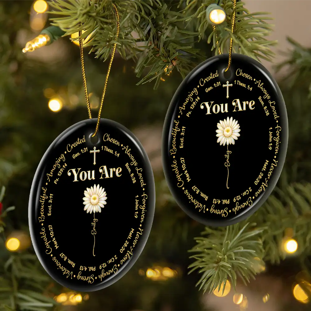 Christmas, Christian, Gift For Yourself - I Am Always Loved Birth Month Flower Nacre Effect - Personalized Circle Ceramic Ornament