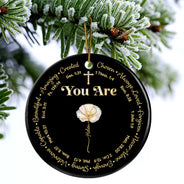 Christmas, Christian, Gift For Yourself - I Am Always Loved Birth Month Flower Nacre Effect - Personalized Circle Ceramic Ornament