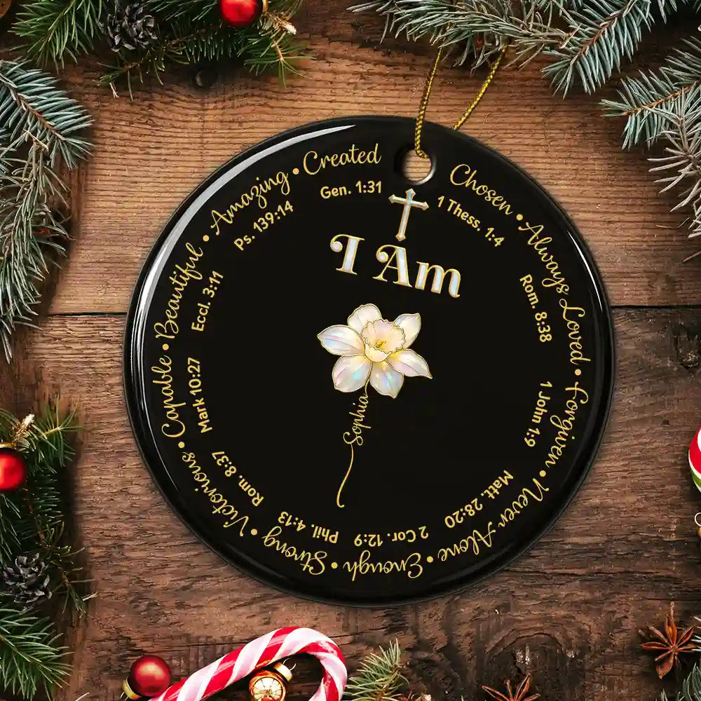 Christmas, Christian, Gift For Yourself - I Am Always Loved Birth Month Flower Nacre Effect - Personalized Circle Ceramic Ornament