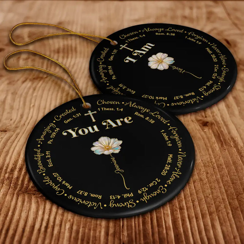 Christmas, Christian, Gift For Yourself - I Am Always Loved Birth Month Flower Nacre Effect - Personalized Circle Ceramic Ornament