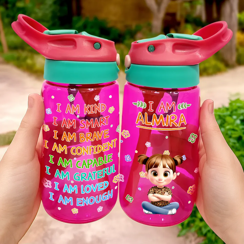 Gift For Kids,Gift For Grandkids,Grandpa - Grandkids,Grandma - Grandkids,Happy - I Am Kind I Am Smart - Personalized Kids Water Bottle With Straw