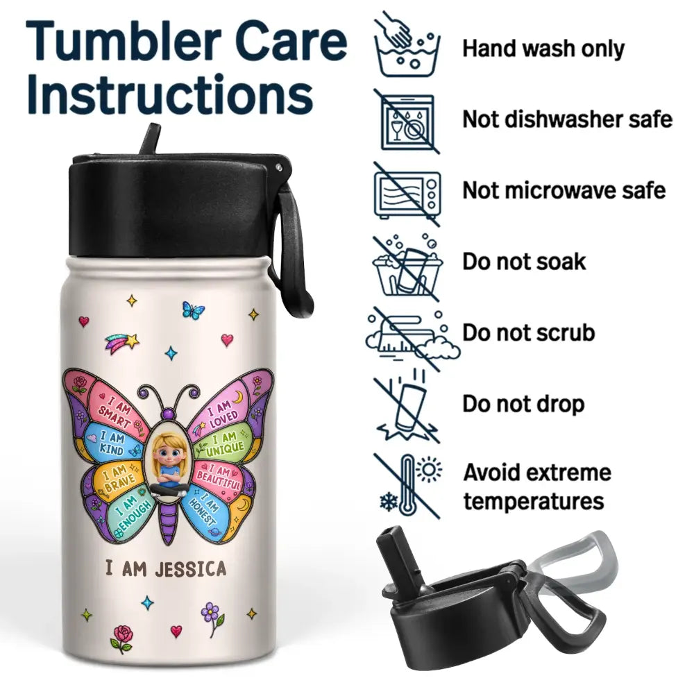 Back To School, Gift For Kids, Adorable, Vector - I Am Smart Kind Brave Butterfly - Personalized Kids Water Bottle