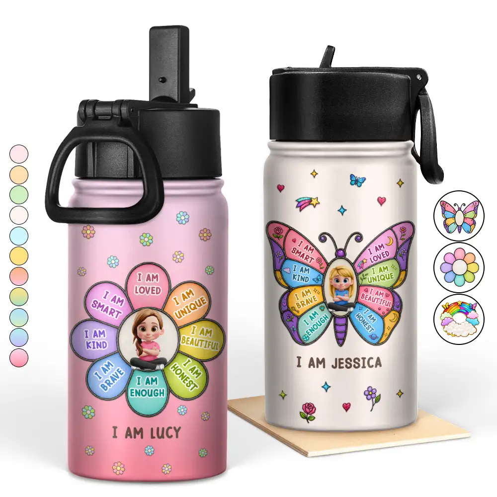Back To School, Gift For Kids, Adorable, Vector - I Am Smart Kind Brave Butterfly - Personalized Kids Water Bottle