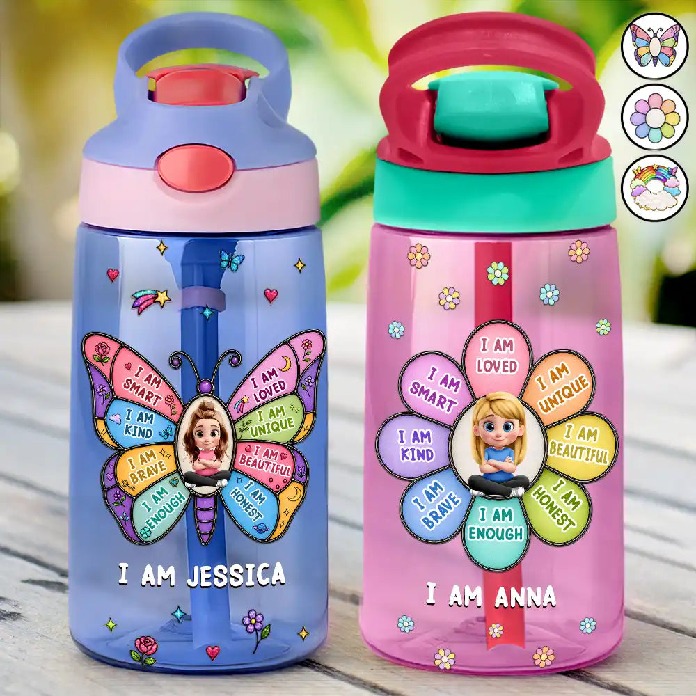 Adorable, Back To School, Gift For Kids, Vector - I Am Smart Kind Brave Butterfly - Personalized Kids Water Bottle With Straw