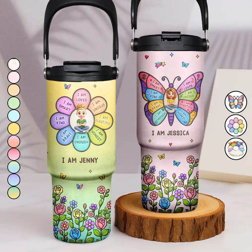 Adorable, Back To School, Gift For Kids, Vector - I Am Smart Kind Brave Butterfly Flower Rainbow - Personalized 30oz Tumbler With Handle