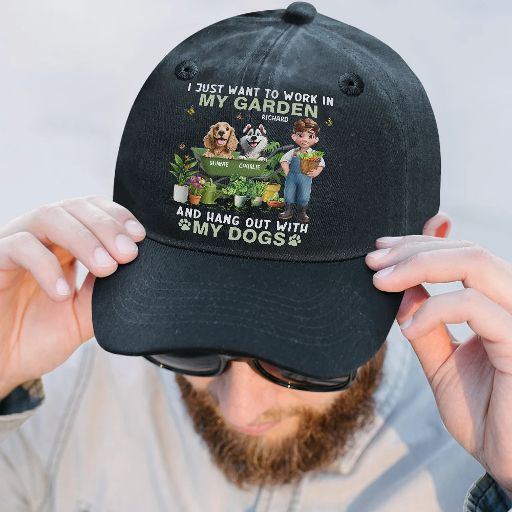 Gardening,Gift For Women,Gift For Men,Pet Lovers,Pet Mom,Pet Dad,Dog Lovers,Dog Mom,Dog Dad,Happy - I Just Want To Work In My Garden - Personalized Vintage Washed Denim Cap