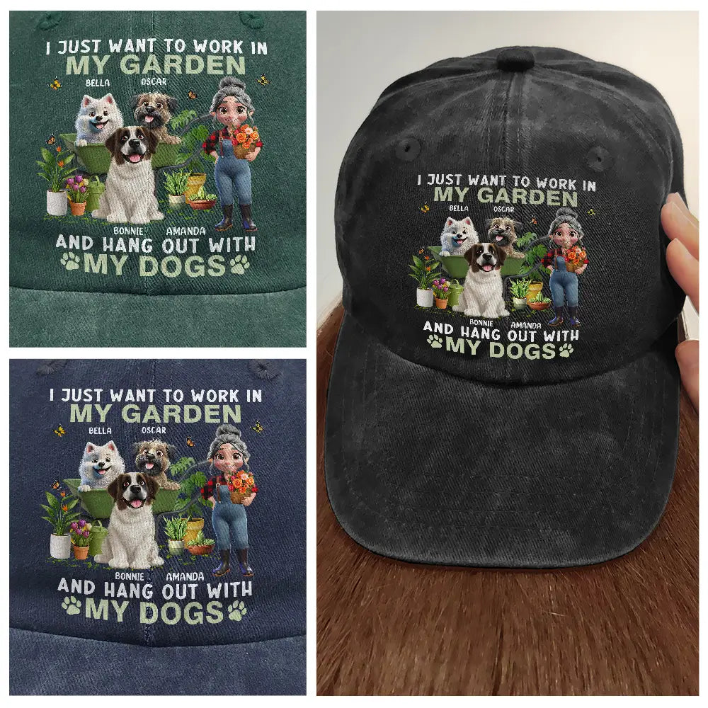 Gardening,Gift For Women,Gift For Men,Pet Lovers,Pet Mom,Pet Dad,Dog Lovers,Dog Mom,Dog Dad,Happy - I Just Want To Work In My Garden - Personalized Vintage Washed Denim Cap