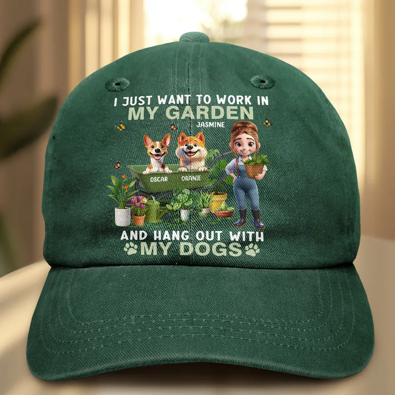 Gardening,Gift For Women,Gift For Men,Pet Lovers,Pet Mom,Pet Dad,Dog Lovers,Dog Mom,Dog Dad,Happy - I Just Want To Work In My Garden - Personalized Vintage Washed Denim Cap