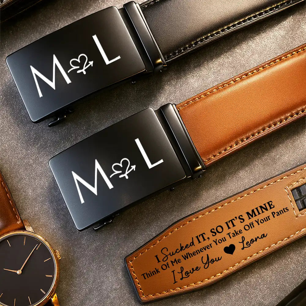 Gift For Couples, Gift For Husband, Gift For Boyfriend, Love - I Licked It So It's Mine Couple Initials - Personalized Leather Belt With Engraved Buckle