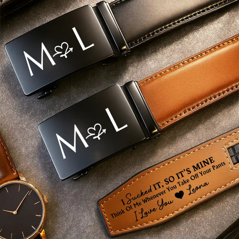Gift For Couples, Gift For Husband, Gift For Boyfriend, Love - I Licked It So It's Mine Couple Initials - Personalized Leather Belt With Engraved Buckle