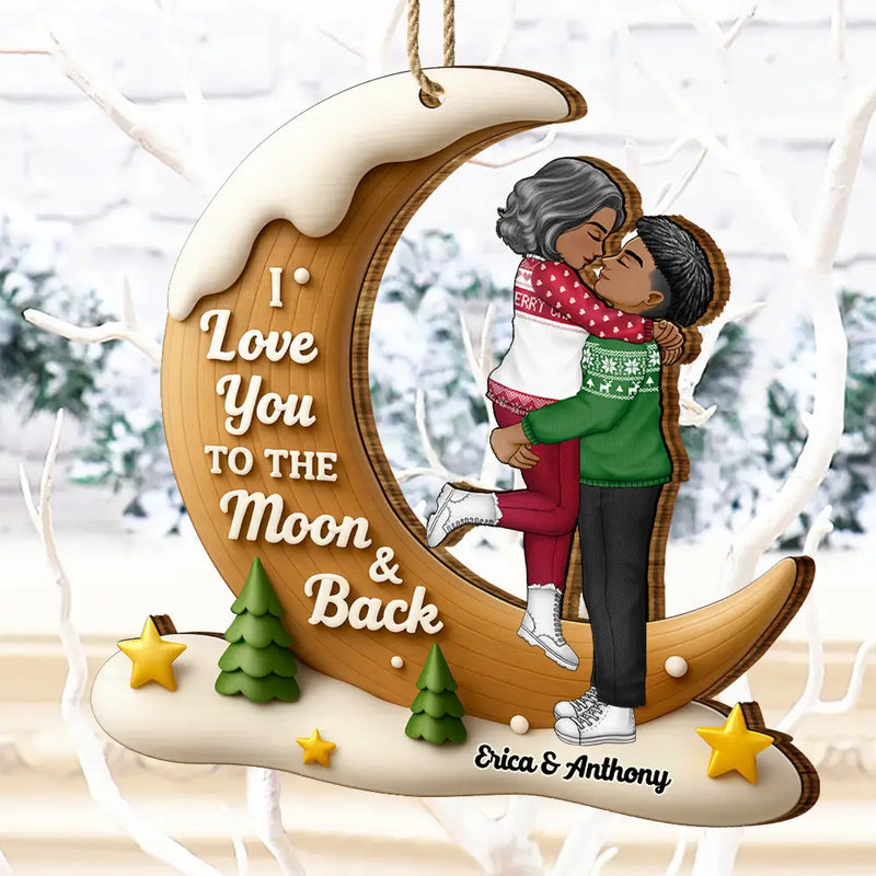 Gift For Couples, Christmas, Love - I Love You To The Moon And Back - Personalized Custom Shaped Wooden Ornament