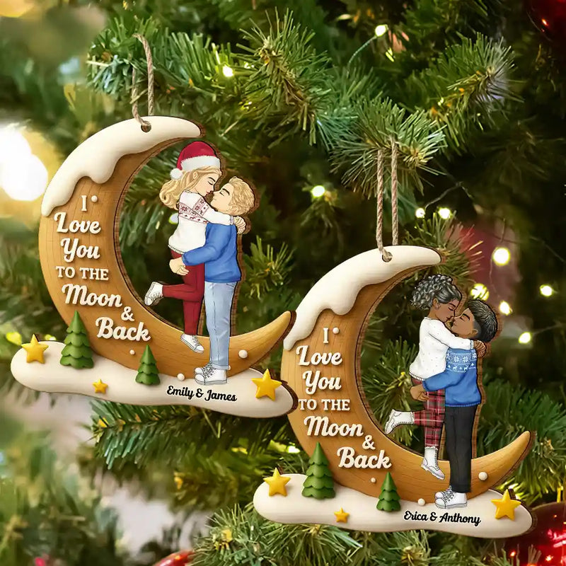 Gift For Couples, Christmas, Love - I Love You To The Moon And Back - Personalized Custom Shaped Wooden Ornament