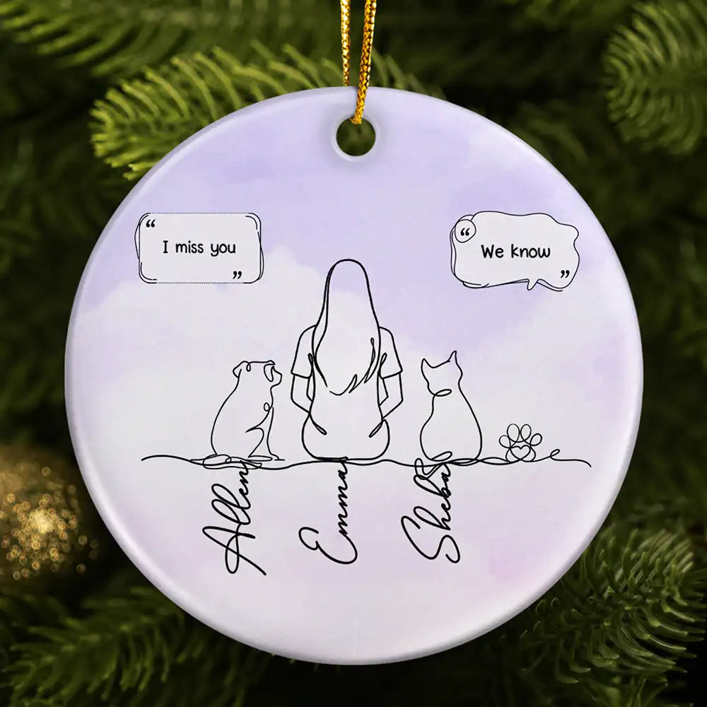 Sentimental,Christmas,Pet Lovers,Memorial,Vector - I Miss You Memorial Dog Cat Line Art - Personalized Circle Ceramic Ornament