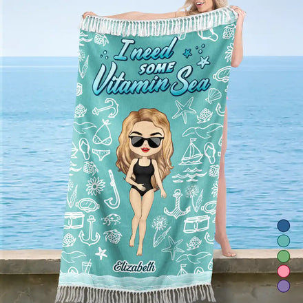 I Need Some Vitamin Sea - Personalized Turkish Beach Towel