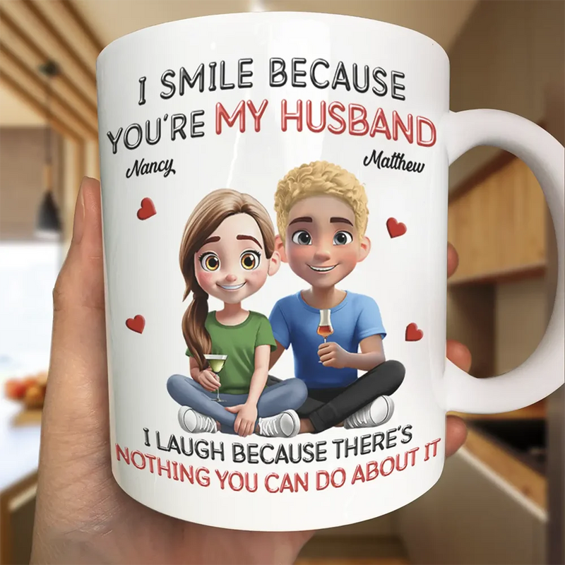 Gift For Couples,Married ,Funny - I Smile Because You Are My Husband 3D Effect Sitting Couple - Personalized Mug