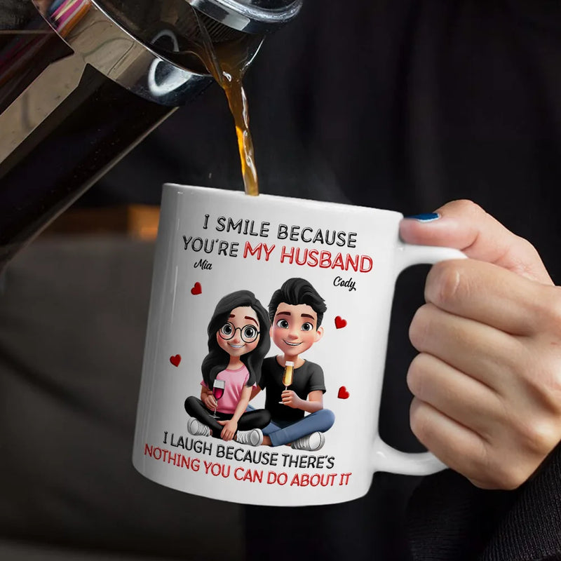 Gift For Couples,Married ,Funny - I Smile Because You Are My Husband 3D Effect Sitting Couple - Personalized Mug