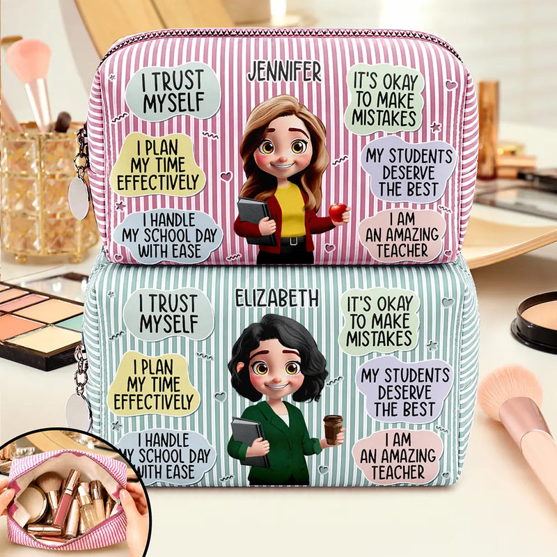 Back To School, Summer, Teacher, Inspirational, Vector - I Trust Myself Teacher Daily Affirmations - Personalized Striped Cosmetic Bag