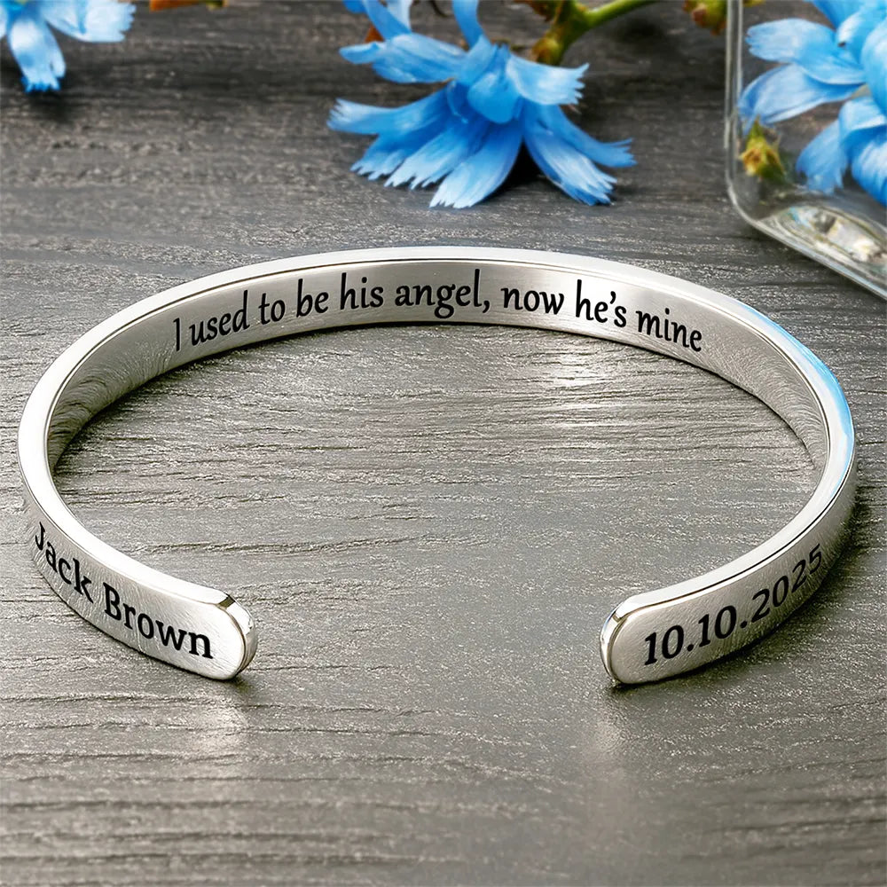 Memorial, Family, Parents, Gift For Grandparents, Sad - I Used To Be His Angel Now He's Mine Memorial - Personalized Bangle Bracelet Cuff