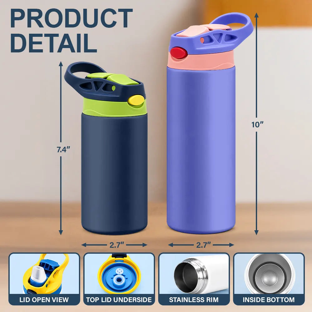 Adorable,Art Design,Back To School,Gift For Kids,Photo - Cartoon Portrait - Custom Photo Cartoon Portrait Cute Kid With Comic Book Theme - Personalized Insulated Water Bottle With Straw
