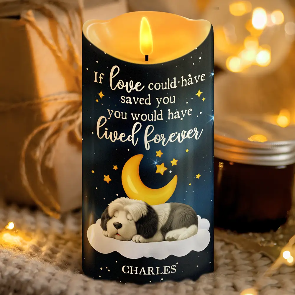 Dog Lovers,Dog Mom,Dog Dad,Gift For Women,Gift For Men,Christmas,Sad - If Love Could Have Saved You Memorial Dog Sleeping - Personalized Flameless LED Candle