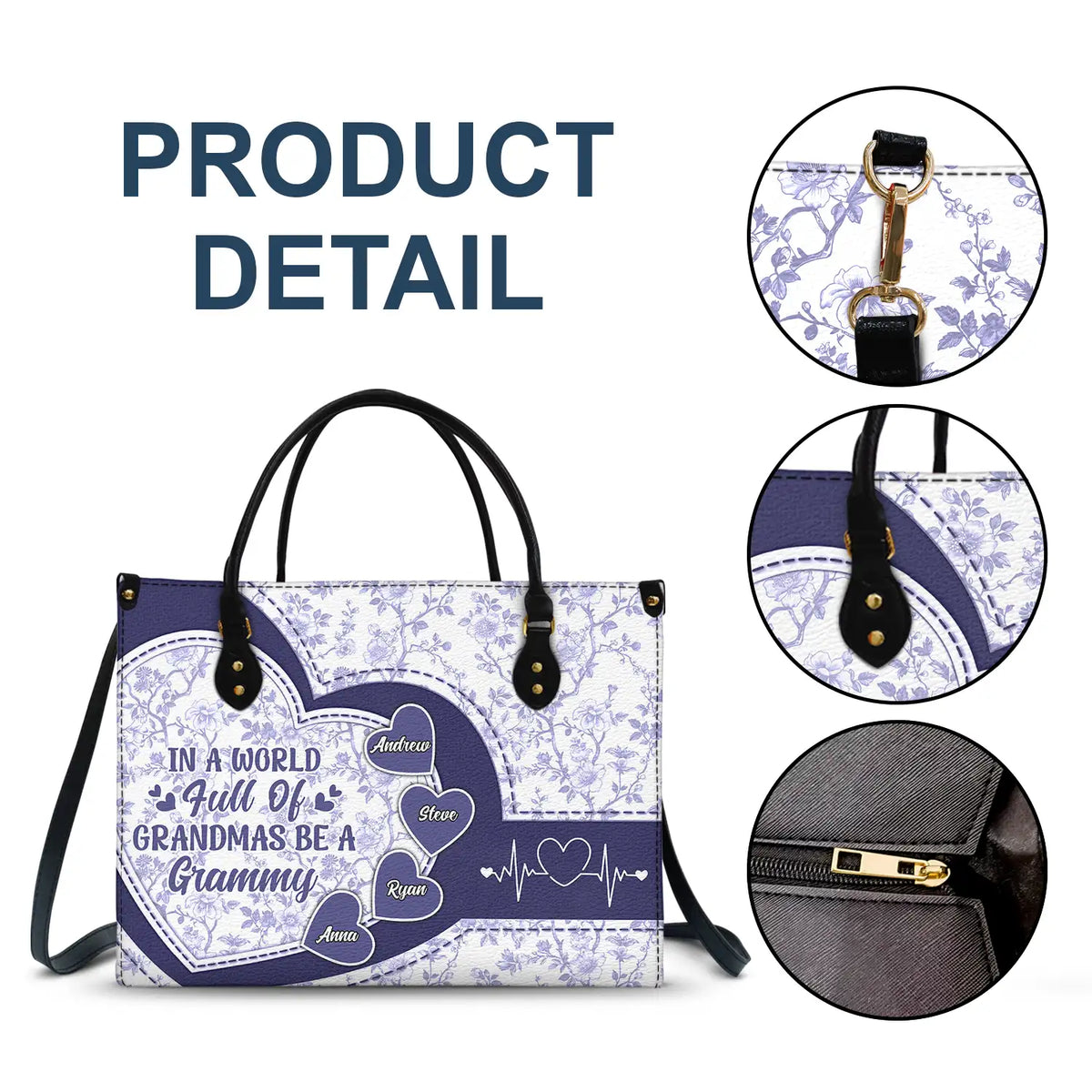 Gift For Grandma,Grandma - Grandkids,Grandma's Hobby,Happy - In The World Full Of Grandmas Toile De Jouy Heart Icon - Personalized Leather Bag