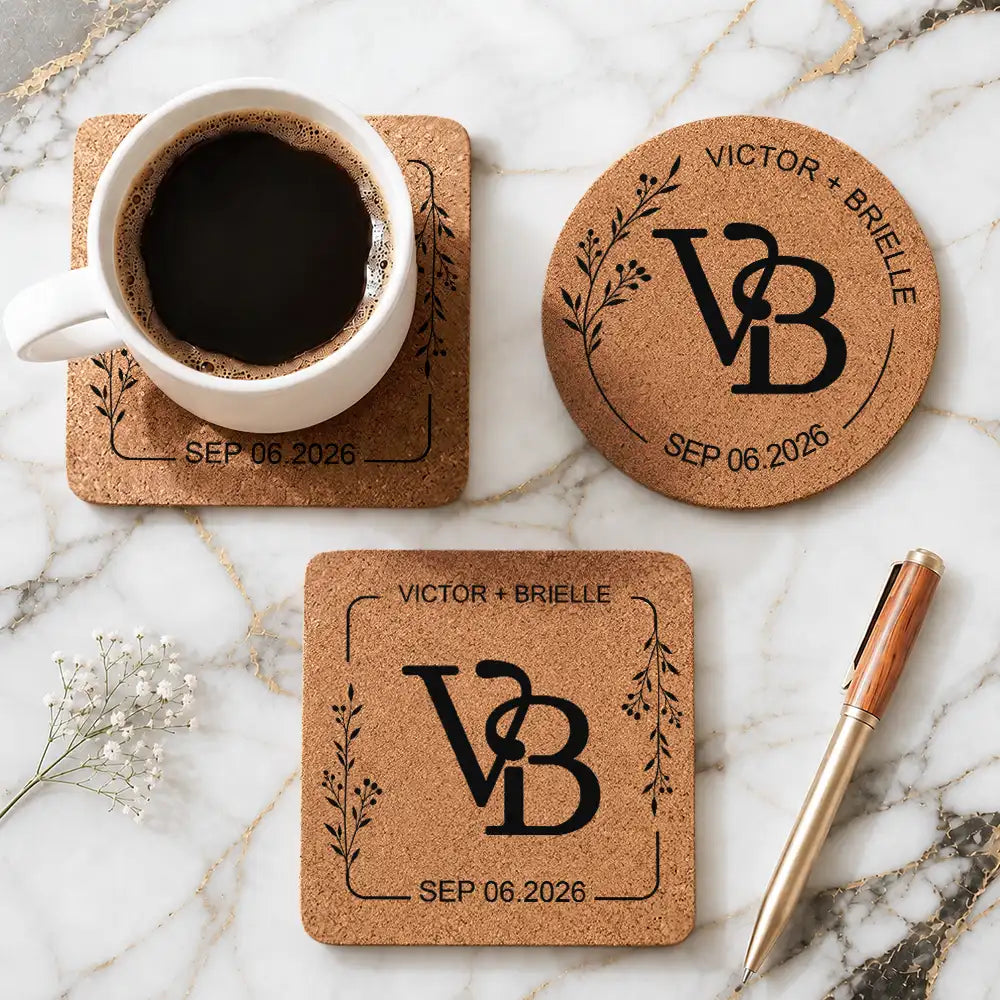 Romantic,Gift For Couples,Wedding,Intertwined Monogram - Intertwined Monogram Wedding Couple Name - Personalized Cork Coaster