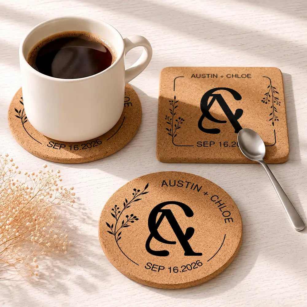 Romantic,Gift For Couples,Wedding,Intertwined Monogram - Intertwined Monogram Wedding Couple Name - Personalized Cork Coaster
