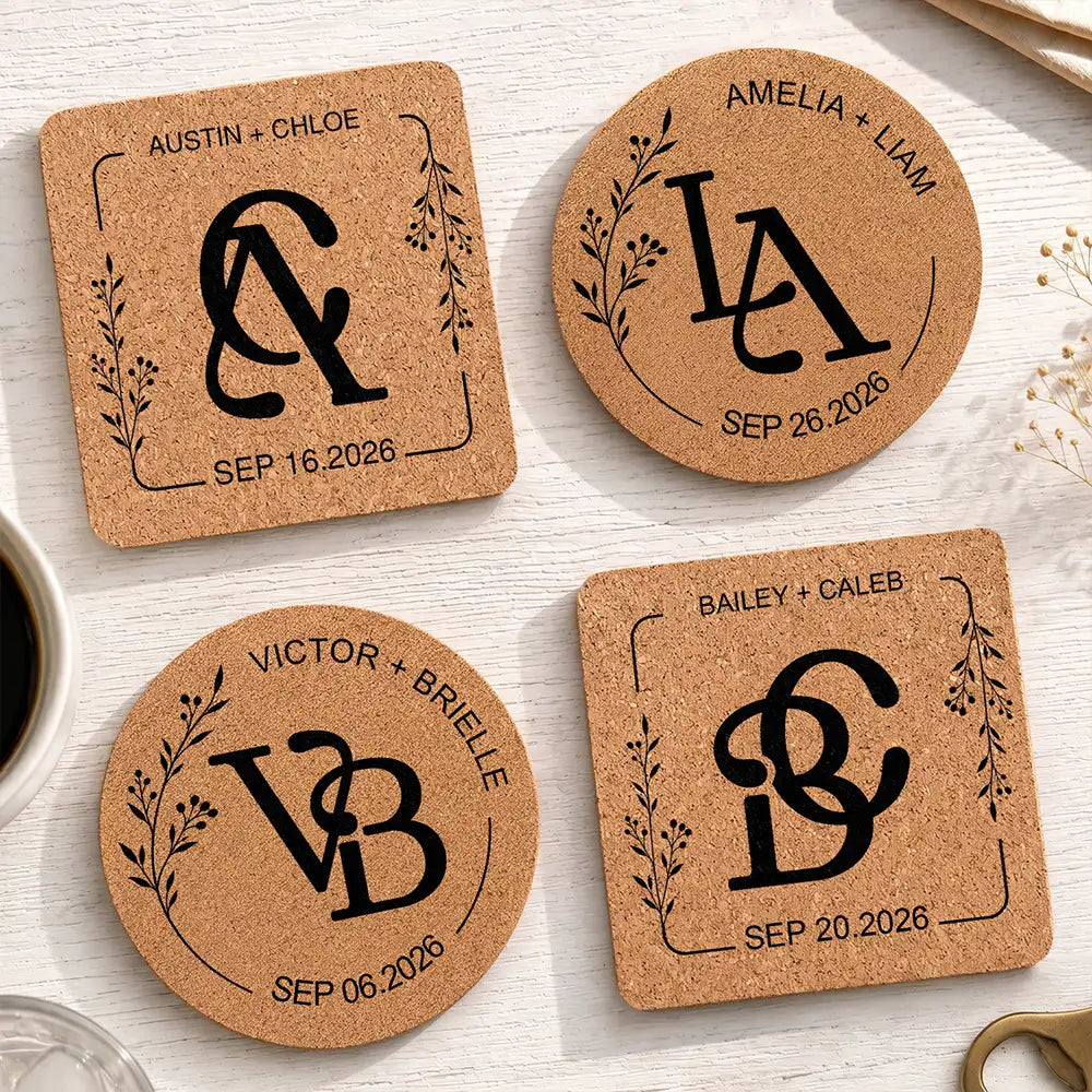 Romantic,Gift For Couples,Wedding,Intertwined Monogram - Intertwined Monogram Wedding Couple Name - Personalized Cork Coaster