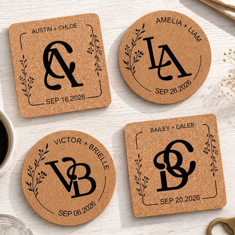Romantic,Gift For Couples,Wedding,Intertwined Monogram - Intertwined Monogram Wedding Couple Name - Personalized Cork Coaster
