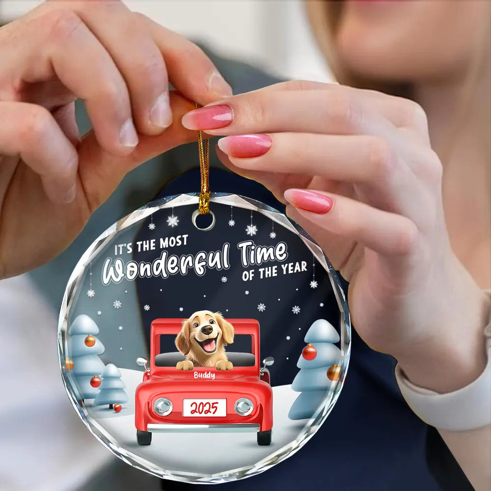 Pet Lovers, Pet Mom, Pet Dad, Pet Couple, Happy, Christmas - It's The Most Wonderful Time Of The Year - Personalized Circle Glass Ornament