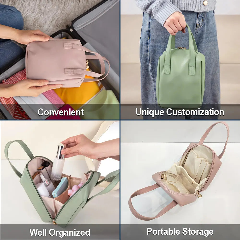 Gift For Yourself,Gift For Women,Happy - Flower Field Birth Month Flower & Name - Personalized Leather Makeup Bag With Handle