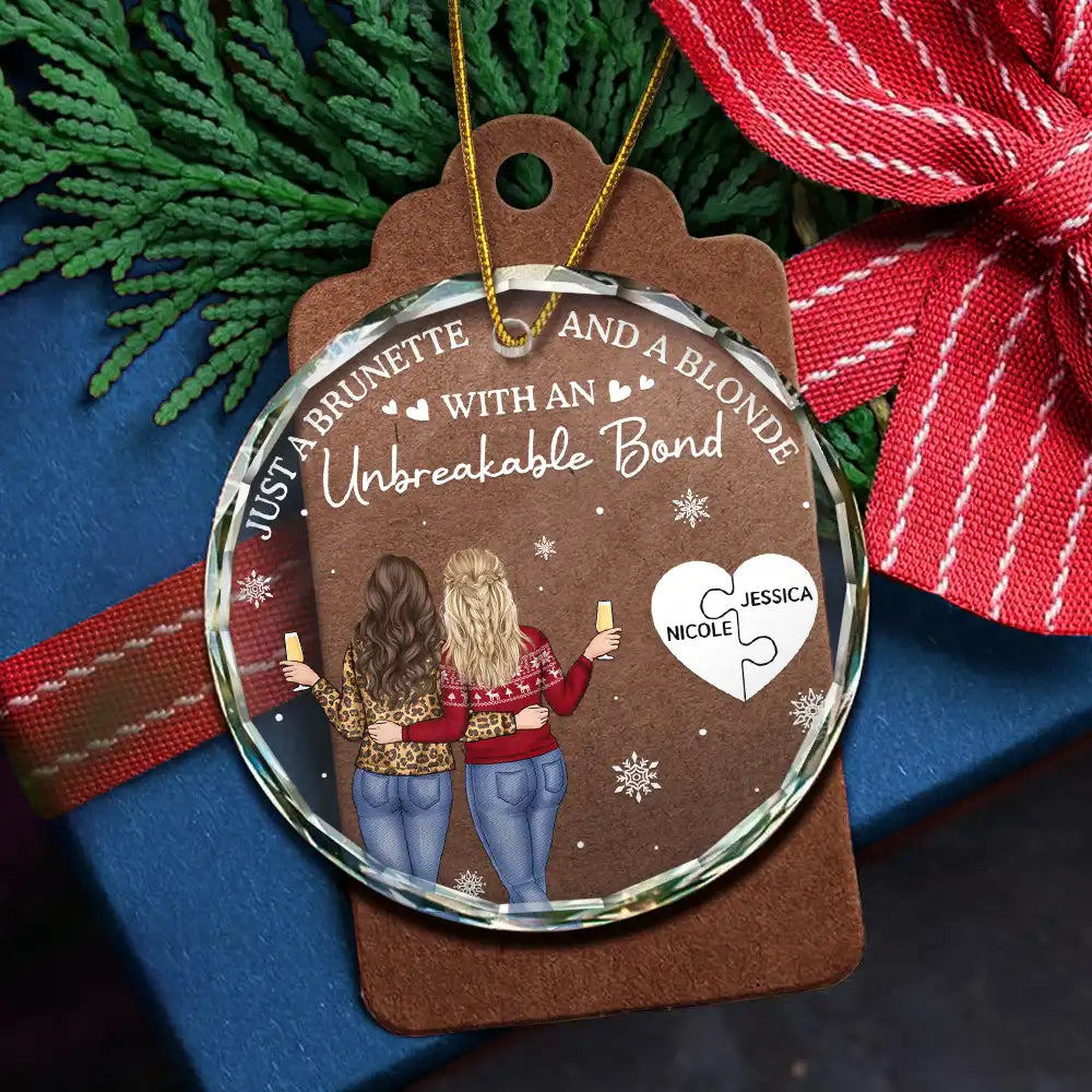 Christmas, Gift For Bestie, Happy - Just A Brunette & A Blonde - Personalized Circle Glass Ornament