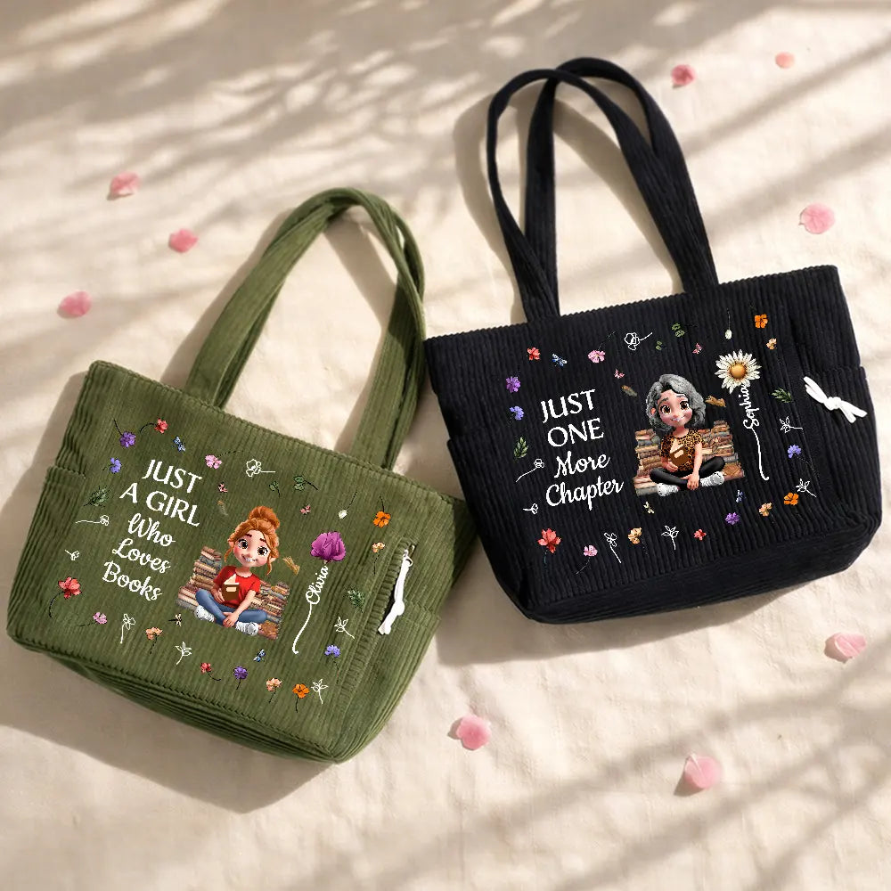 Happy,Gift For Wife,Gift For Girlfriend,Gift For Yourself,Gift For Women,Gift For Aunt,Gift For Mother,Gift For Grandma,Gift For Daughter,Gift For Sisters,Gift For Bestie,Reading - Just A Girl Who Loves Books - Personalized Corduroy Tote Bag