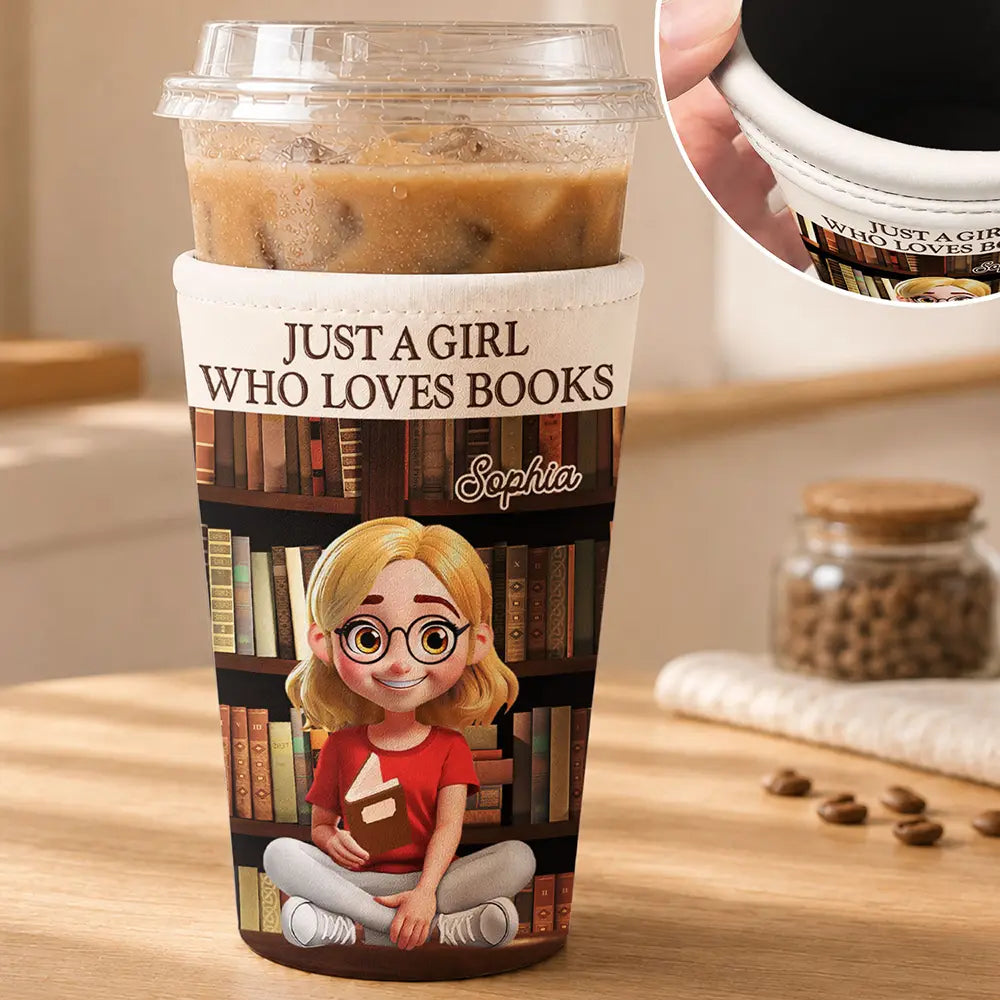 Christmas,Cozy,Reading,Gift For Yourself,Vector - Just A Girl Who Loves Books - Personalized Iced Coffee Sleeve