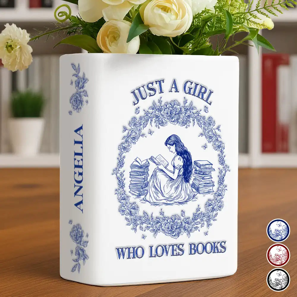 Just A Girl Who Loves Books Chinoiserie Toile 3D Inflated Effect - Personalized Ceramic Book Vase